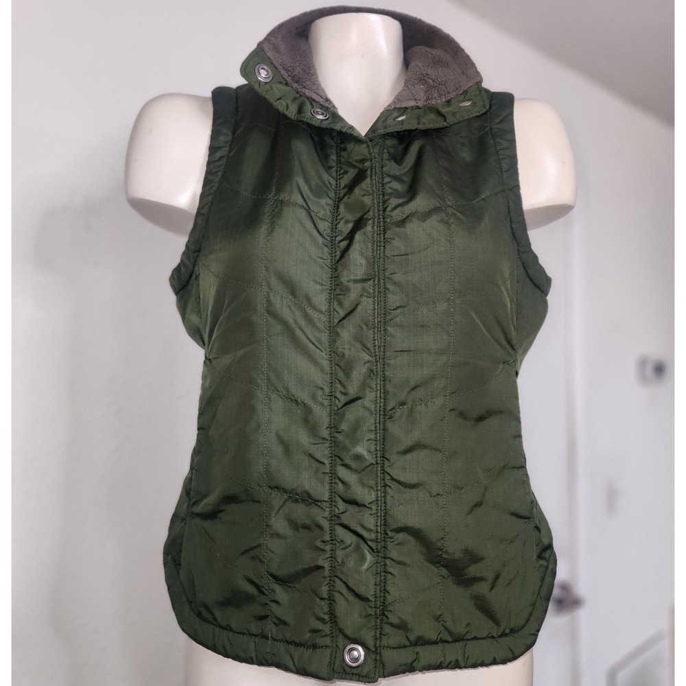 Olive Green Quilted Puffer Vest Fleece Lined Collar Snap Front Sleeveless Jacket
